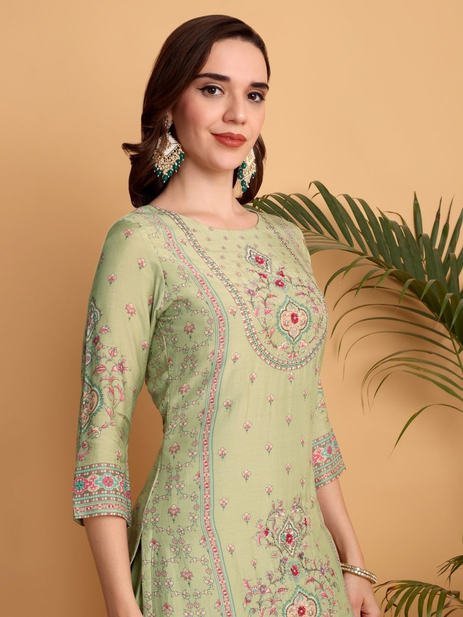 Pista Green Embroidered Kurta Set | Mughal Floral Print | Chanderi Dupatta - CLOHI