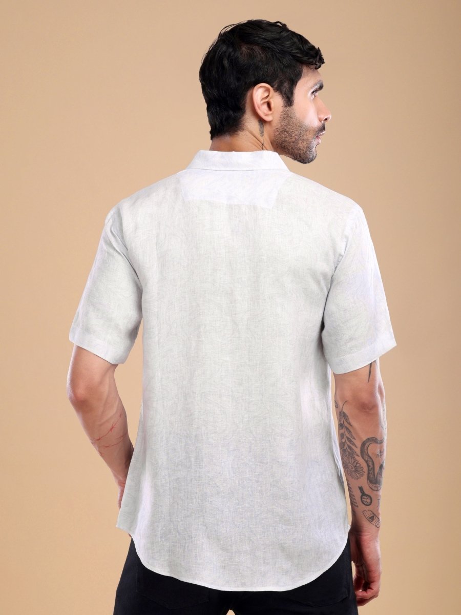 Pure Linen Ivory Shirt with Black Artistic Stripes & Typography Print - CLOHI