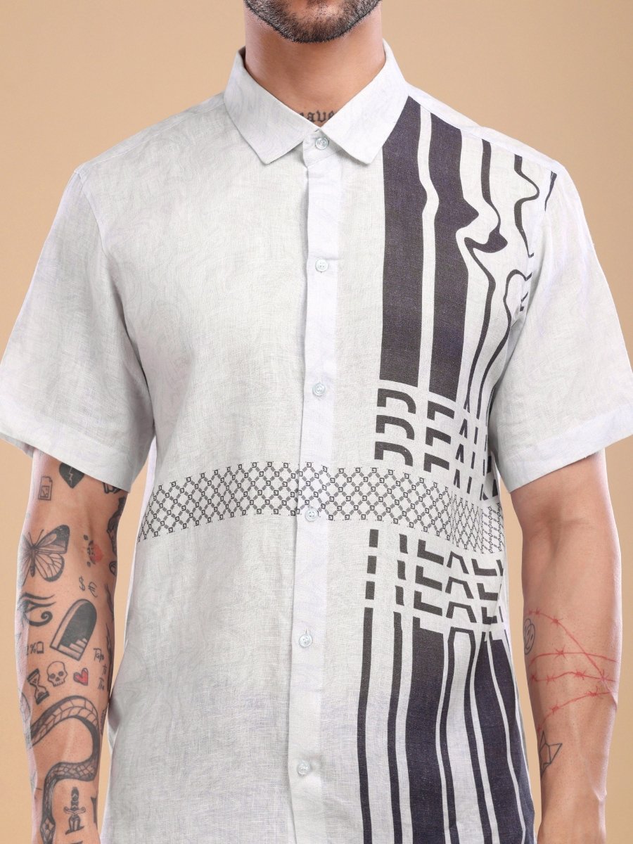 Pure Linen Ivory Shirt with Black Artistic Stripes & Typography Print - CLOHI