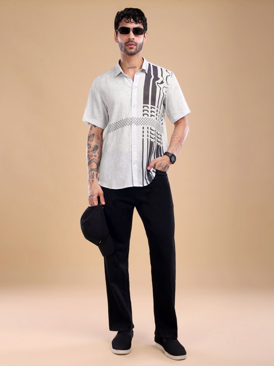 Pure Linen Ivory Shirt with Black Artistic Stripes & Typography Print - CLOHI