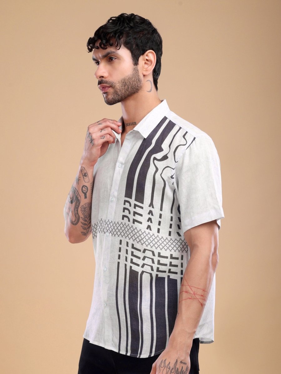 Pure Linen Ivory Shirt with Black Artistic Stripes & Typography Print - CLOHI