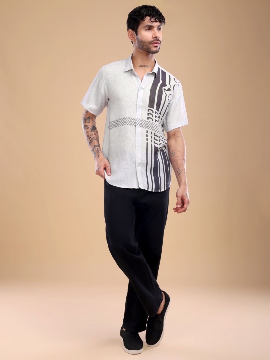 Pure Linen Ivory Shirt with Black Artistic Stripes & Typography Print - CLOHI