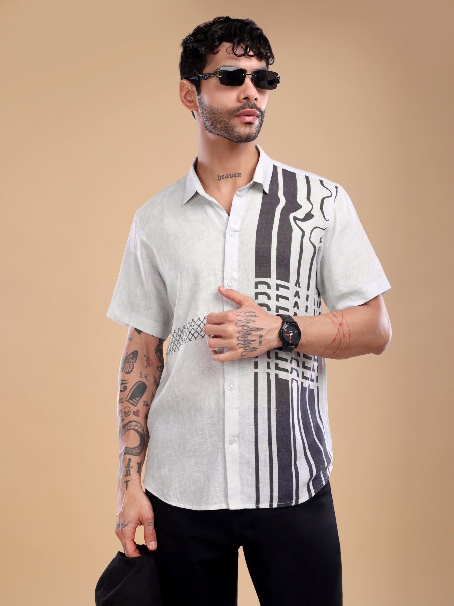 Pure Linen Ivory Shirt with Black Artistic Stripes & Typography Print - CLOHI