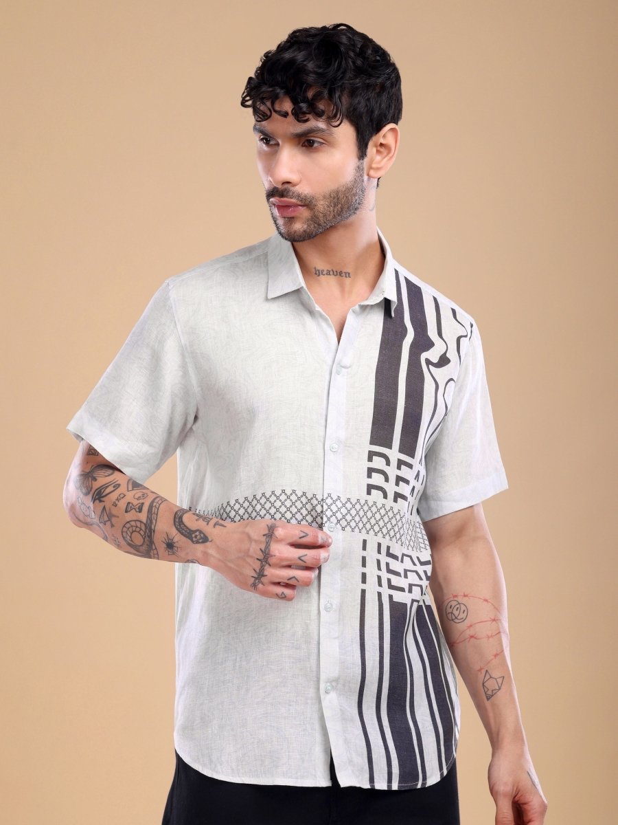 Pure Linen Ivory Shirt with Black Artistic Stripes & Typography Print - CLOHI
