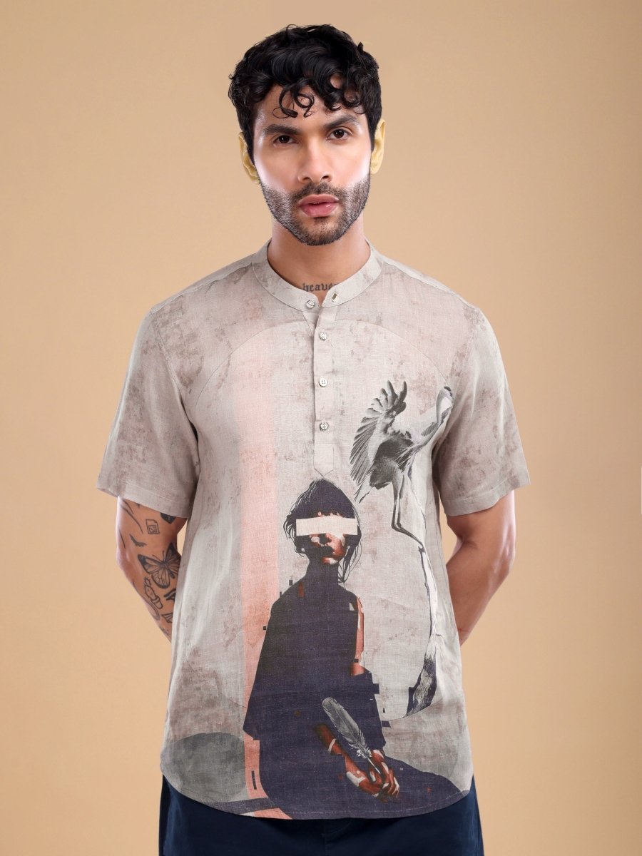 Pure Linen Mandarin Collar Shirt with Abstract Graphic Print – Desert Dusk - CLOHI