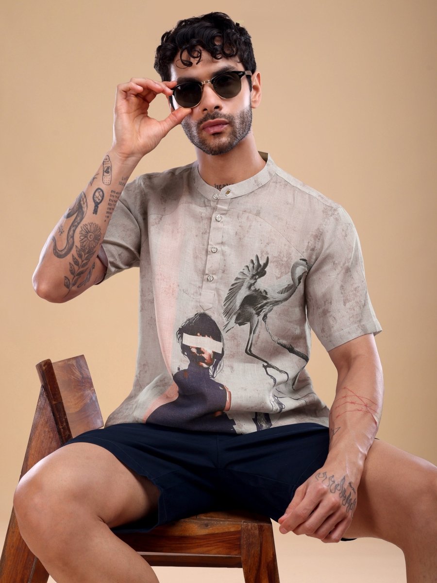 Pure Linen Mandarin Collar Shirt with Abstract Graphic Print – Desert Dusk - CLOHI