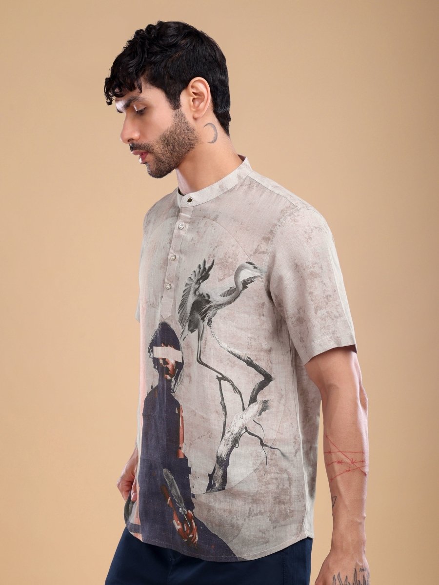 Pure Linen Mandarin Collar Shirt with Abstract Graphic Print – Desert Dusk - CLOHI