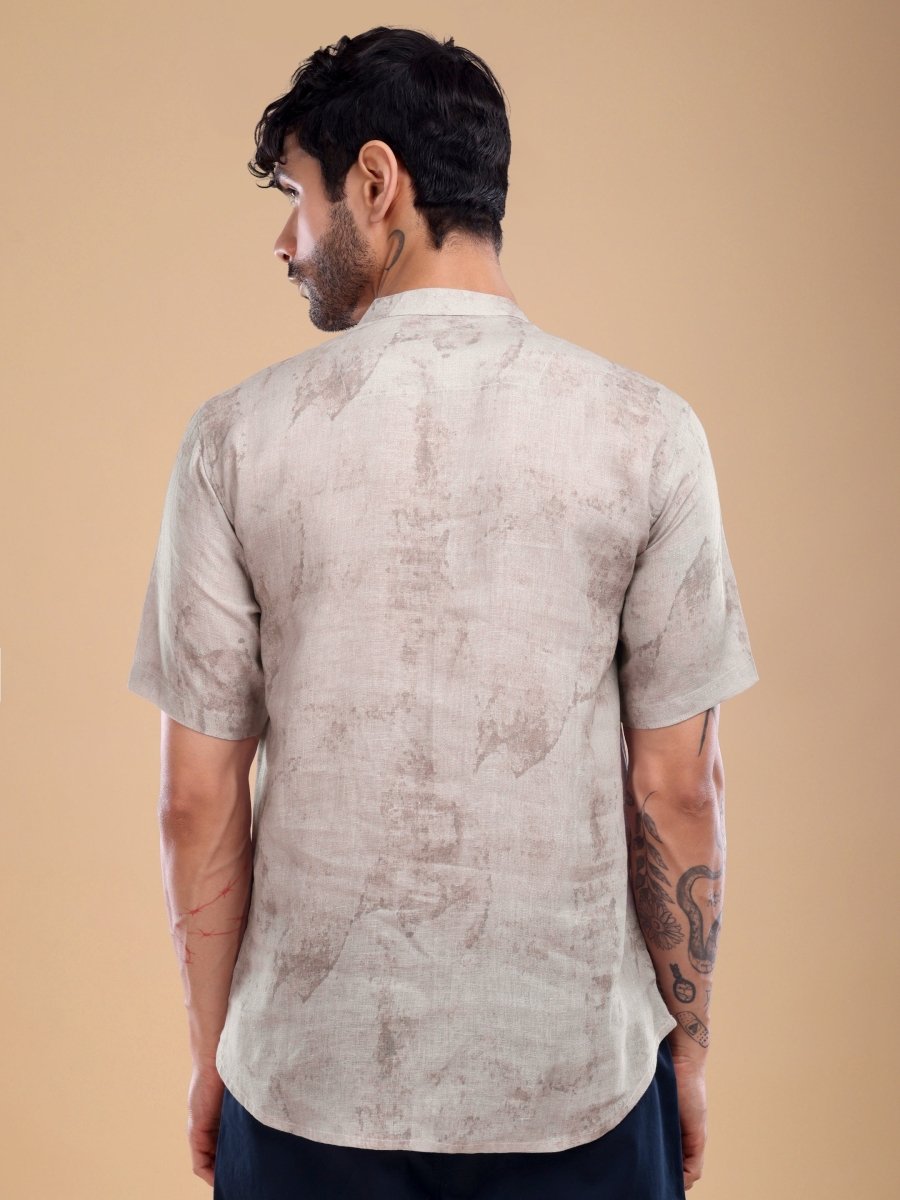 Pure Linen Mandarin Collar Shirt with Abstract Graphic Print – Desert Dusk - CLOHI
