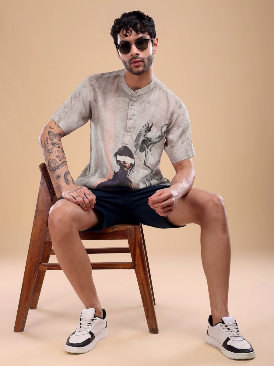 Pure Linen Mandarin Collar Shirt with Abstract Graphic Print – Desert Dusk - CLOHI