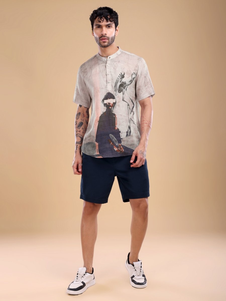 Pure Linen Mandarin Collar Shirt with Abstract Graphic Print – Desert Dusk - CLOHI
