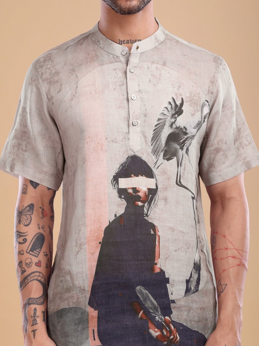 Pure Linen Mandarin Collar Shirt with Abstract Graphic Print – Desert Dusk - CLOHI