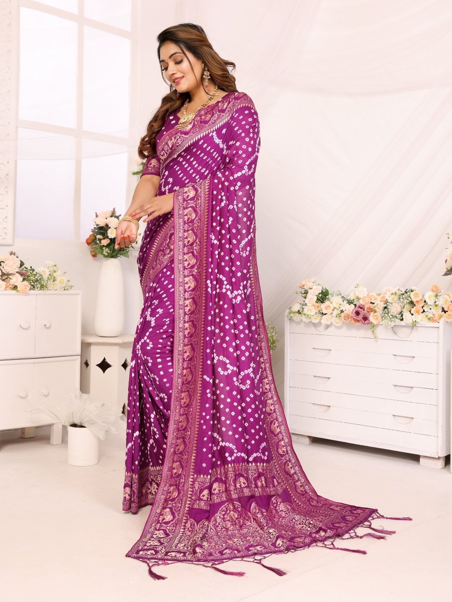 Purple Bandhani Saree with Elephant Zari Motifs & Mughal Floral Weaving - CLOHI
