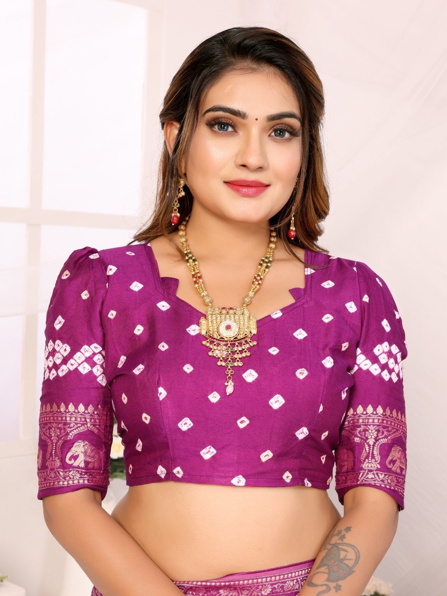Purple Bandhani Saree with Elephant Zari Motifs & Mughal Floral Weaving - CLOHI