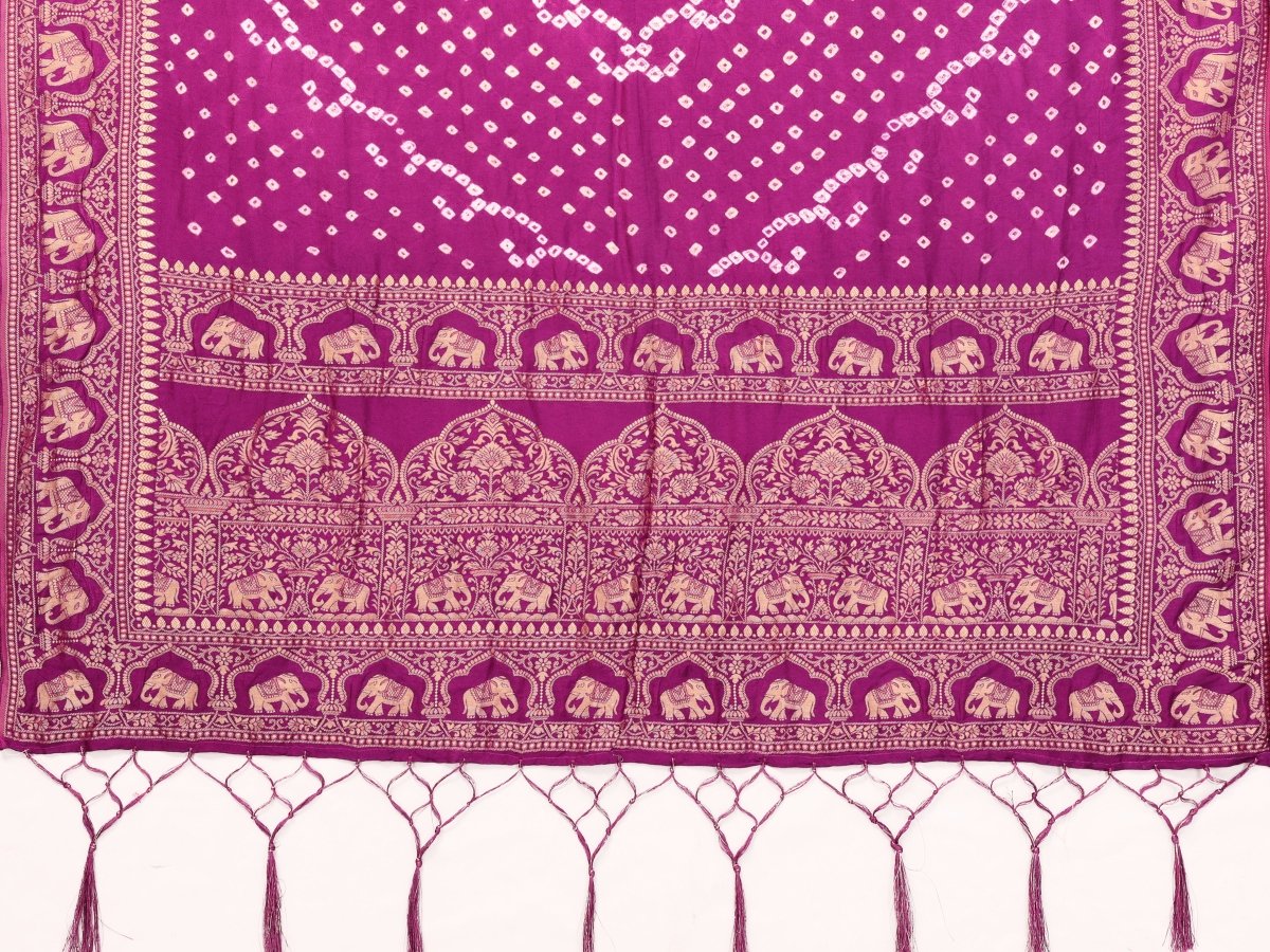 Purple Bandhani Saree with Elephant Zari Motifs & Mughal Floral Weaving - CLOHI