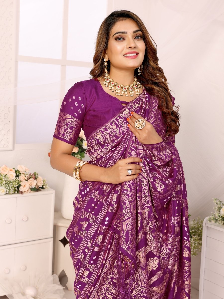 Purple Bandhani Saree with Rajasthani Figurative Zari Motifs - CLOHI