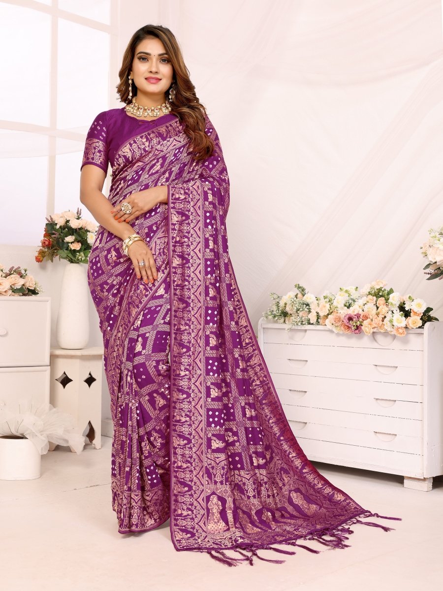 Purple Bandhani Saree with Rajasthani Figurative Zari Motifs - CLOHI