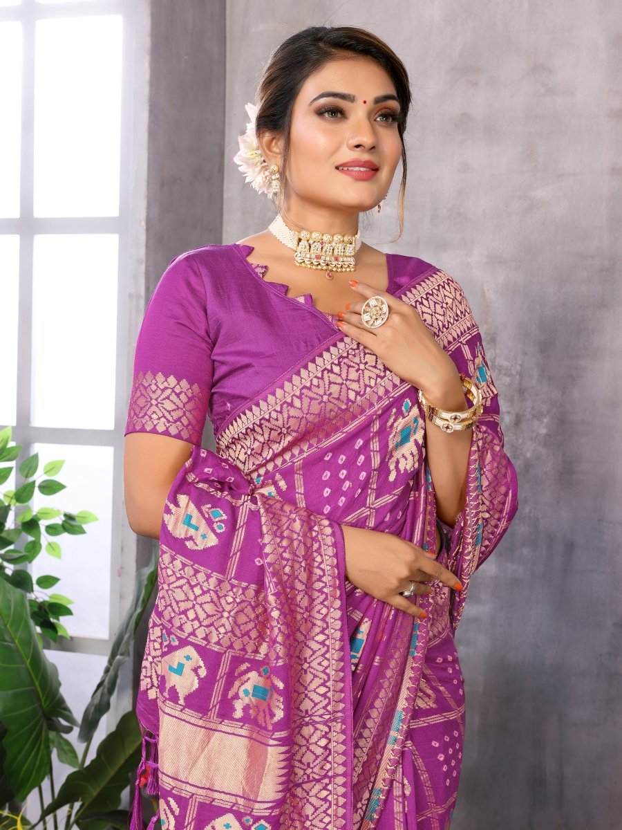 Purple Patola - Inspired Bandhani Saree with Elephant & Parrot Motifs - CLOHI