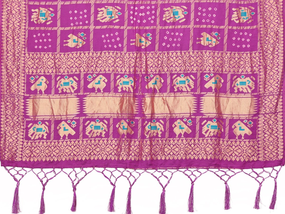 Purple Patola - Inspired Bandhani Saree with Elephant & Parrot Motifs - CLOHI