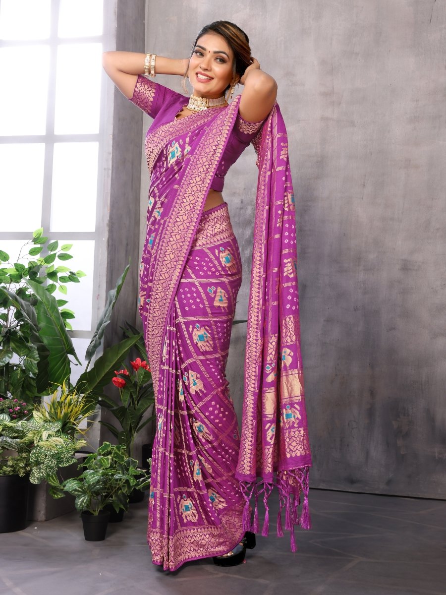 Purple Patola - Inspired Bandhani Saree with Elephant & Parrot Motifs - CLOHI