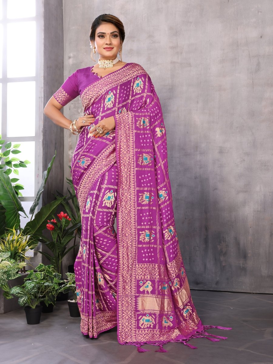 Purple Patola - Inspired Bandhani Saree with Elephant & Parrot Motifs - CLOHI
