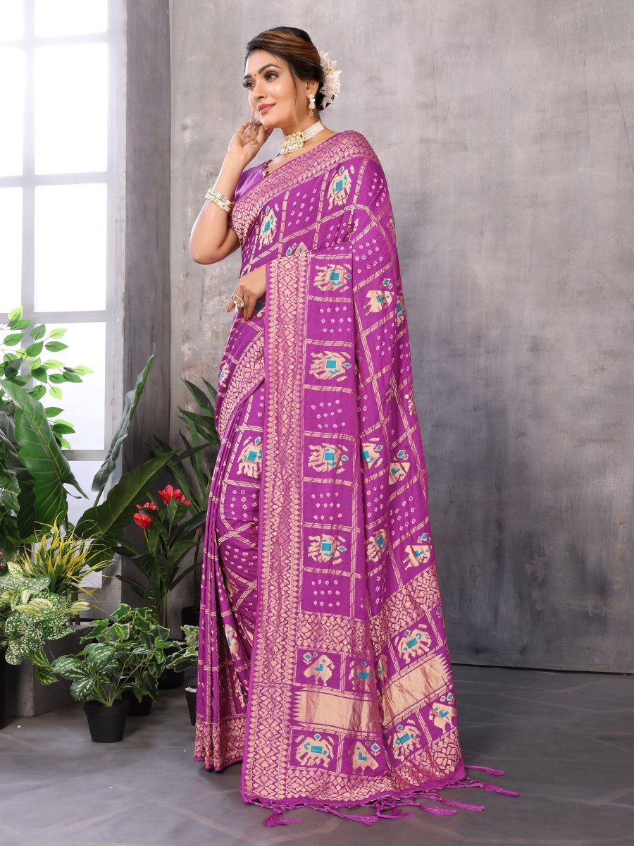 Purple Patola - Inspired Bandhani Saree with Elephant & Parrot Motifs - CLOHI