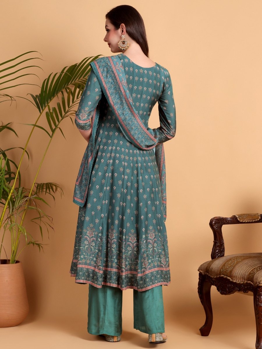 Rama Green Anarkali Kurta Set with Dupatta | Floral Embroidery - CLOHI