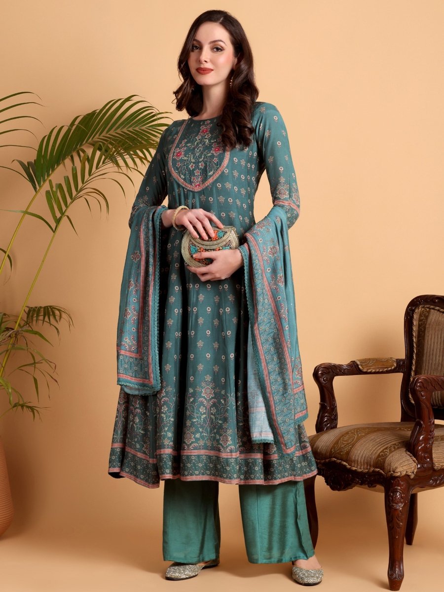 Rama Green Anarkali Kurta Set with Dupatta | Floral Embroidery - CLOHI