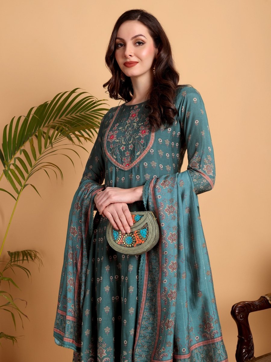 Rama Green Anarkali Kurta Set with Dupatta | Floral Embroidery - CLOHI