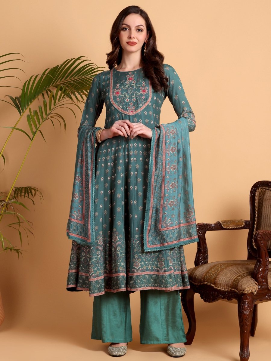 Rama Green Anarkali Kurta Set with Dupatta | Floral Embroidery - CLOHI