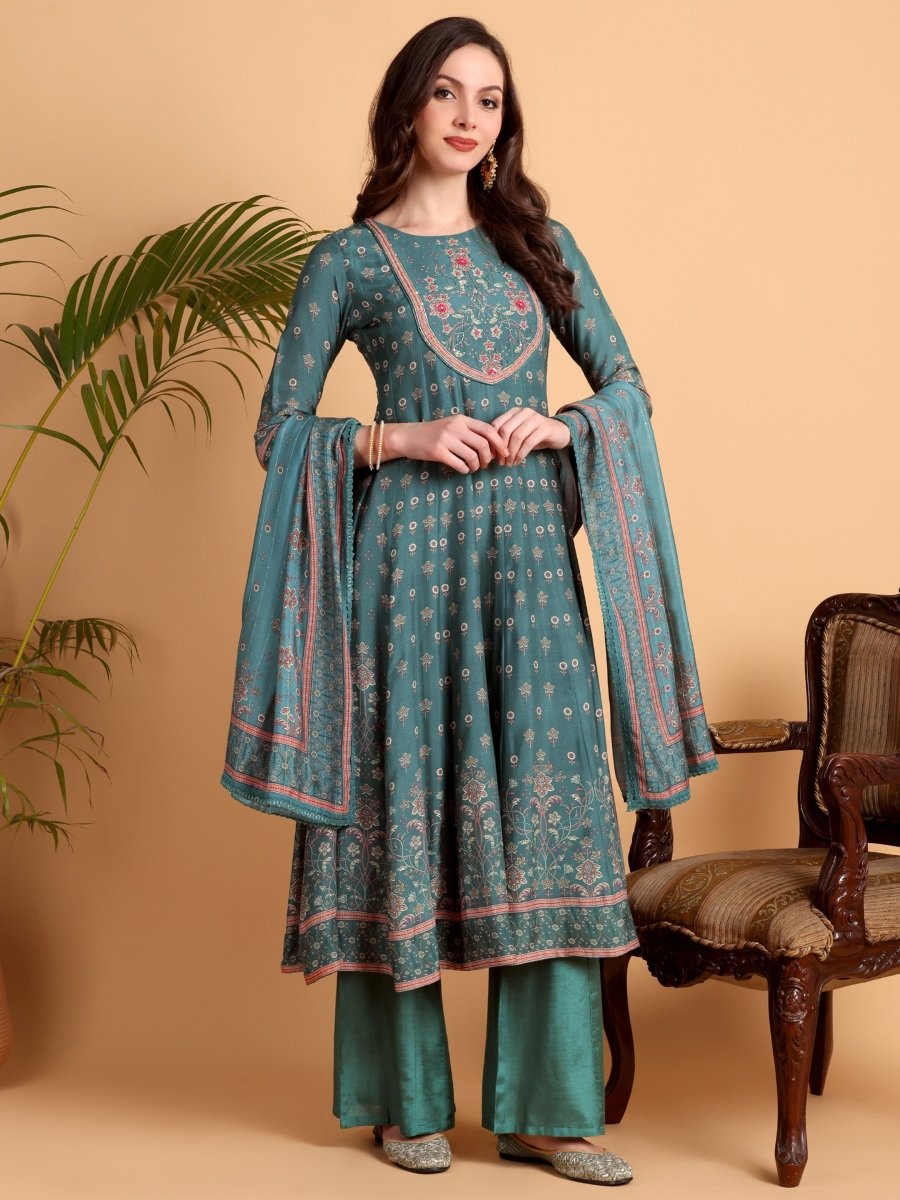 Rama Green Anarkali Kurta Set with Dupatta | Floral Embroidery - CLOHI