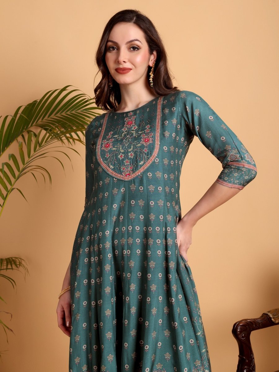 Rama Green Anarkali Kurta Set with Dupatta | Floral Embroidery - CLOHI