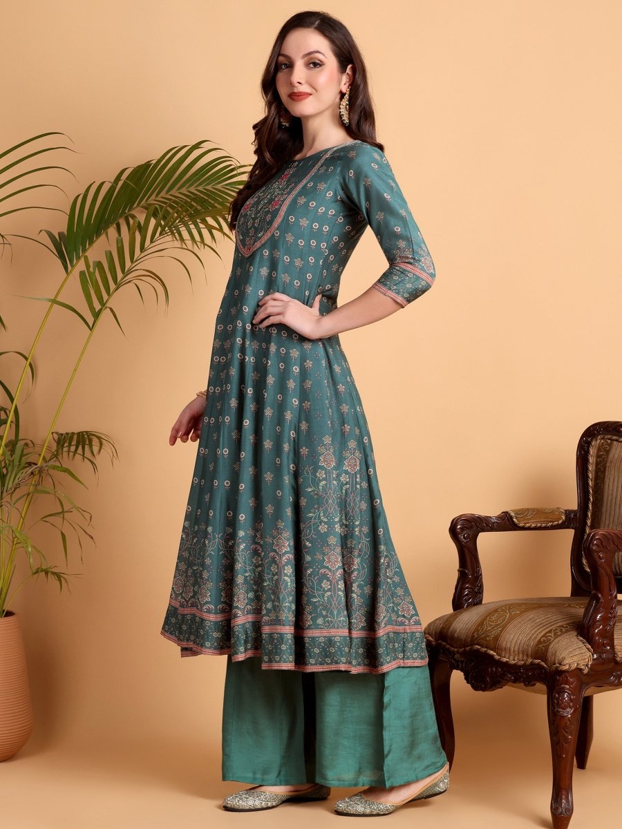 Rama Green Anarkali Kurta Set with Dupatta | Floral Embroidery - CLOHI