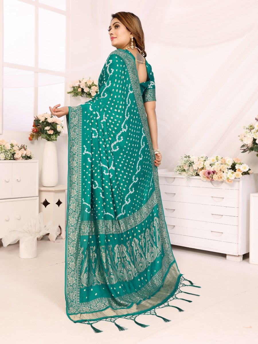 Rama Green Bandhani Saree with Zari Woven Floral & Paisley Motifs - CLOHI