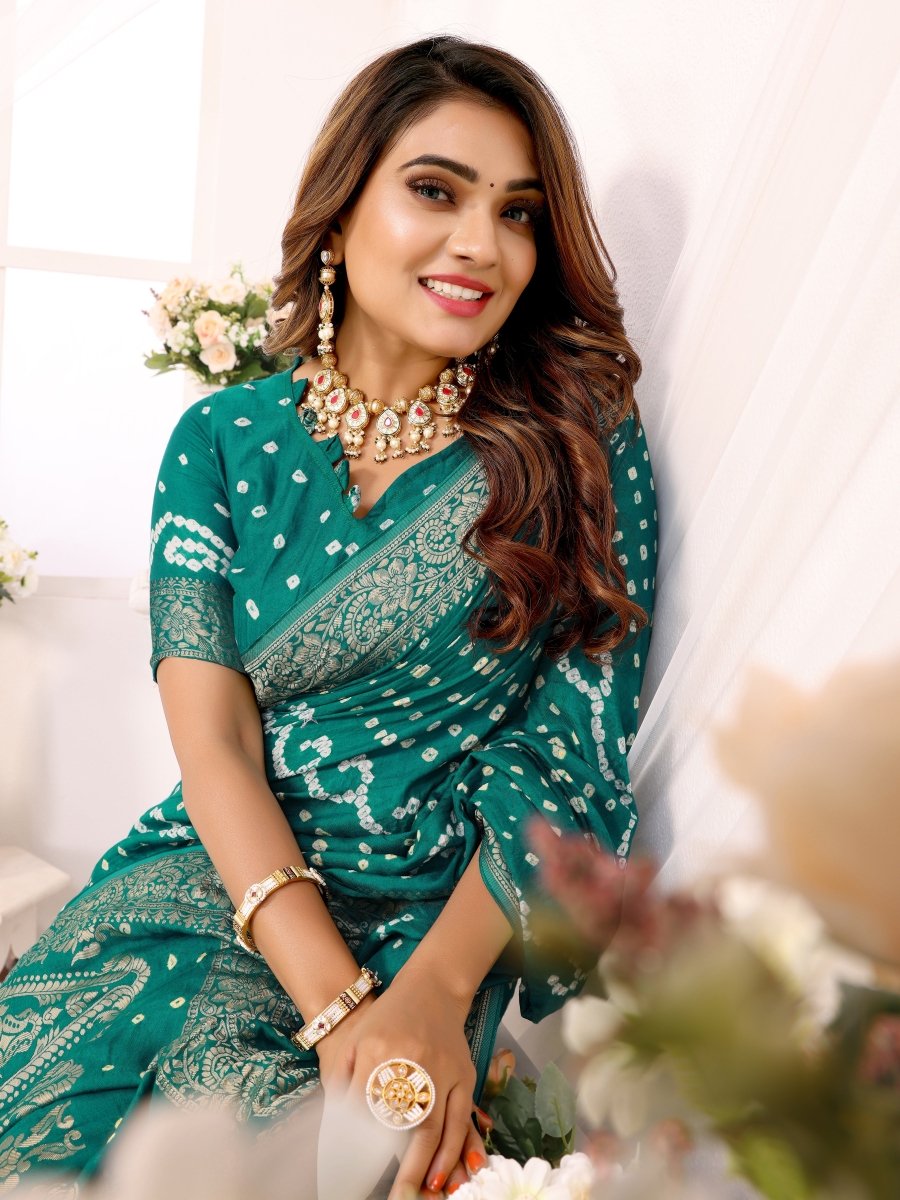 Rama Green Bandhani Saree with Zari Woven Floral & Paisley Motifs - CLOHI