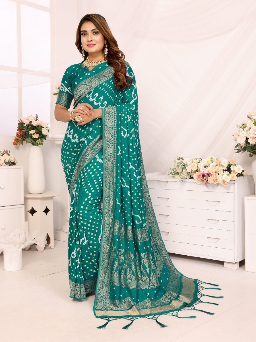 Rama Green Bandhani Saree with Zari Woven Floral & Paisley Motifs - CLOHI