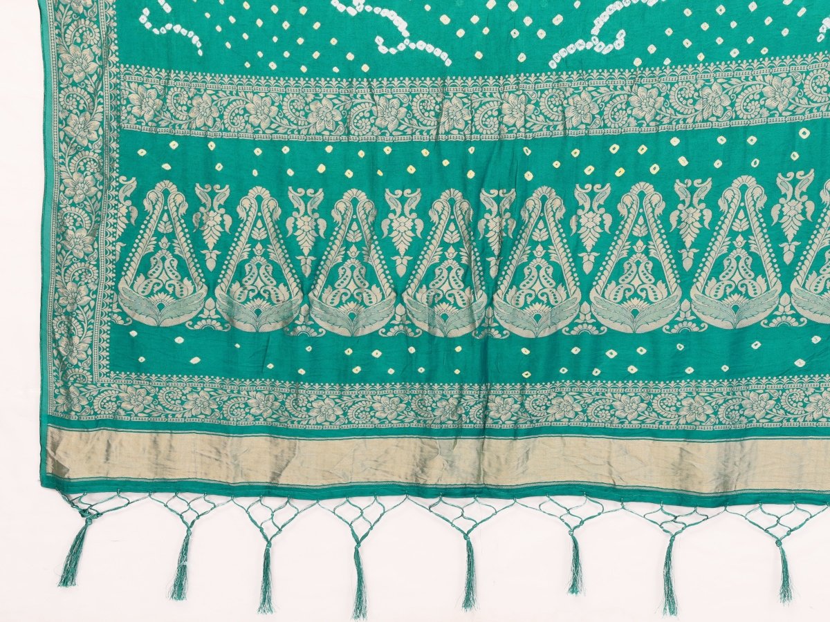 Rama Green Bandhani Saree with Zari Woven Floral & Paisley Motifs - CLOHI