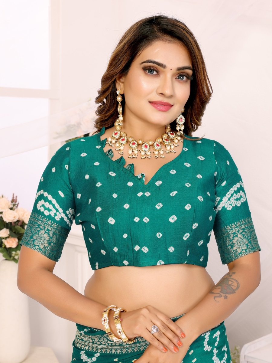 Rama Green Bandhani Saree with Zari Woven Floral & Paisley Motifs - CLOHI