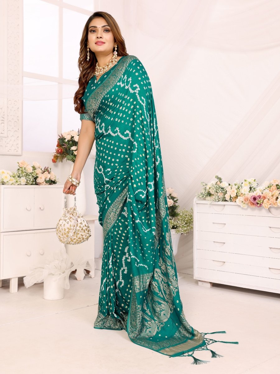 Rama Green Bandhani Saree with Zari Woven Floral & Paisley Motifs - CLOHI