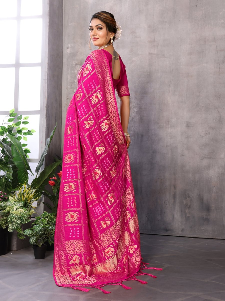 Rani Pink Bandhani Saree with Zari Patola Elephant & Parrot Motifs - CLOHI