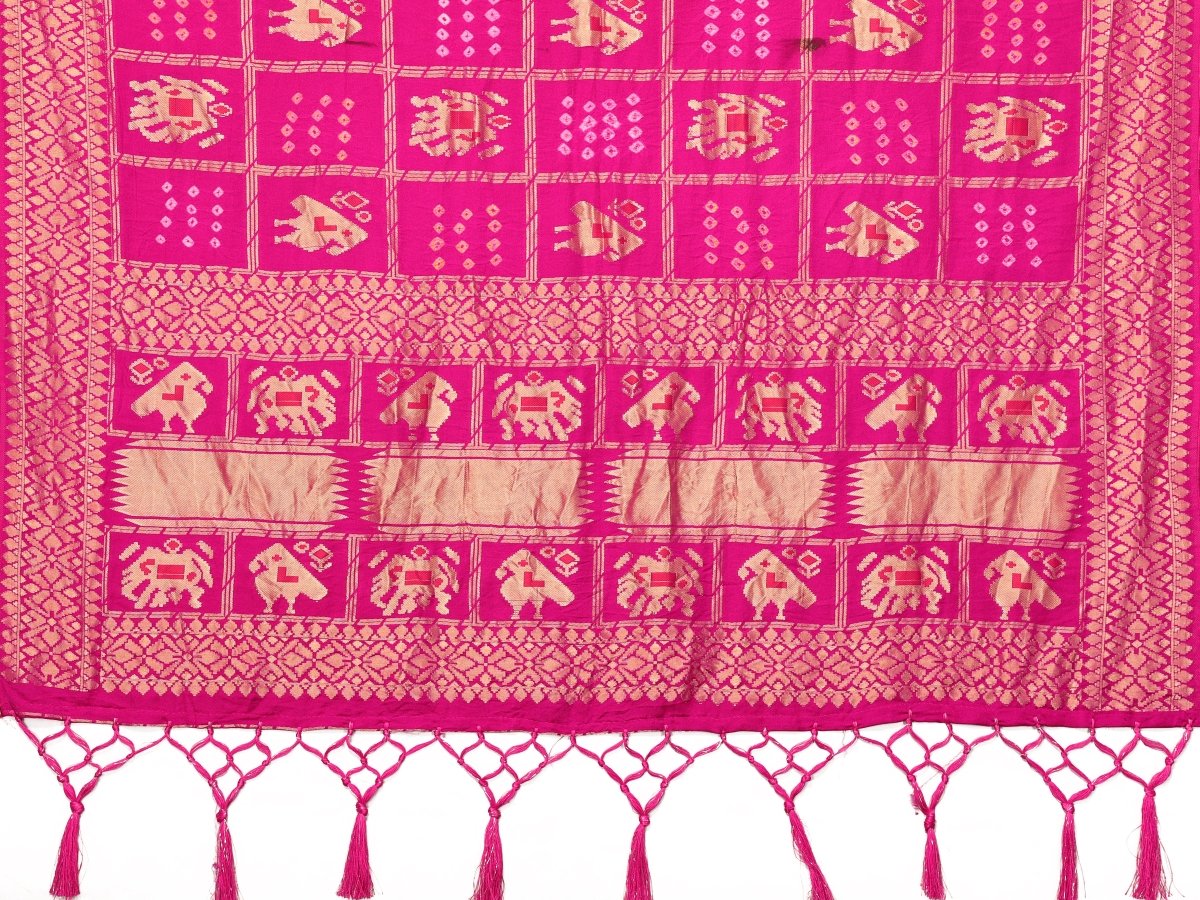 Rani Pink Bandhani Saree with Zari Patola Elephant & Parrot Motifs - CLOHI