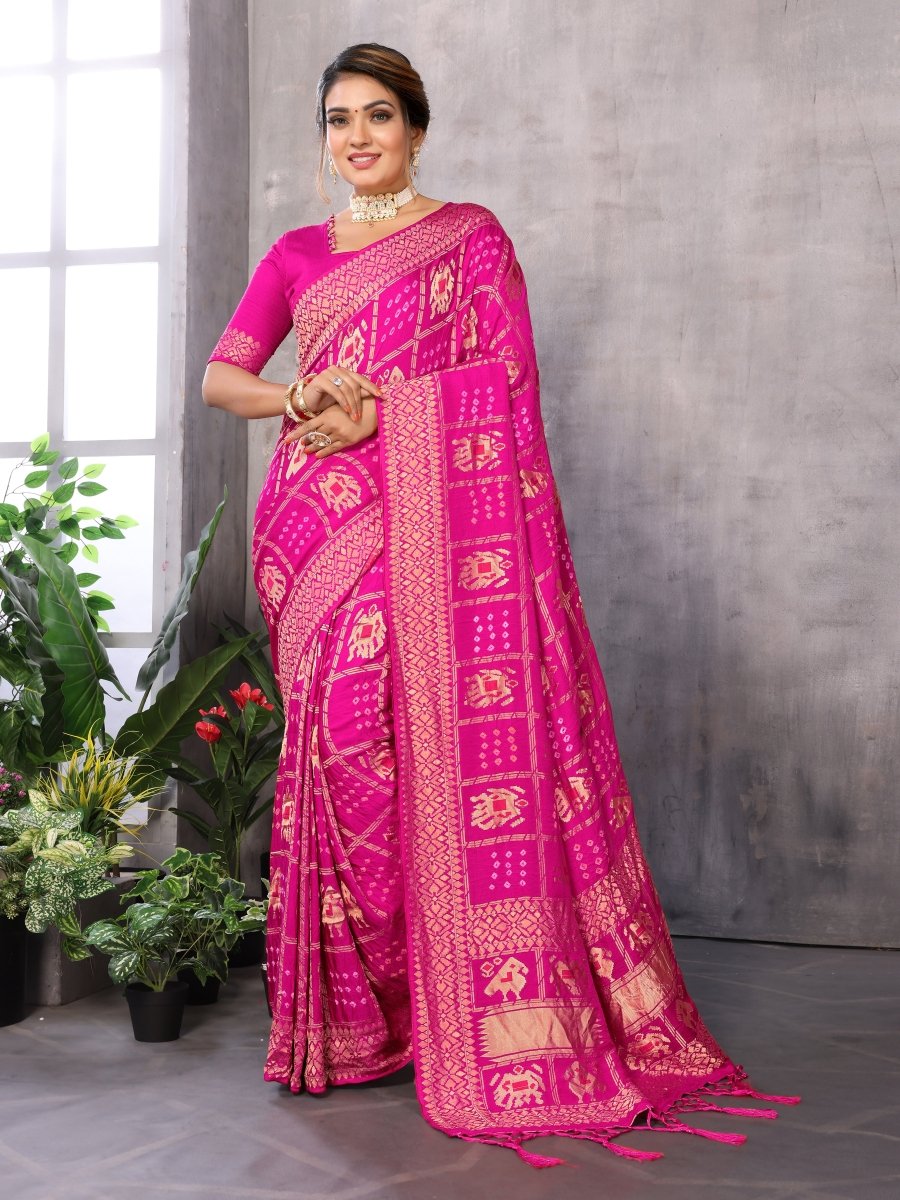 Rani Pink Bandhani Saree with Zari Patola Elephant & Parrot Motifs - CLOHI