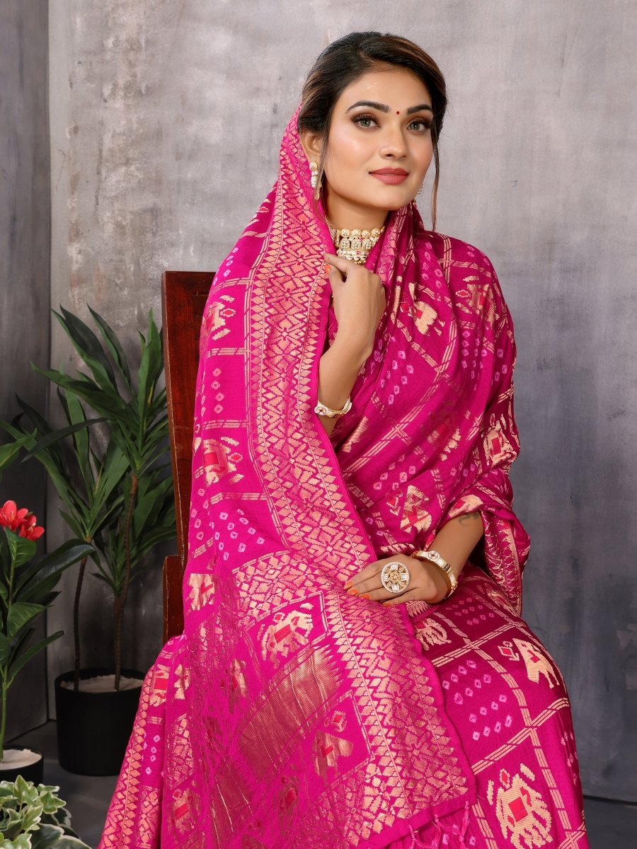 Rani Pink Bandhani Saree with Zari Patola Elephant & Parrot Motifs - CLOHI