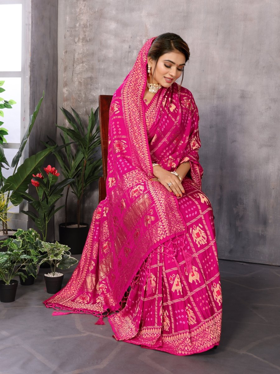Rani Pink Bandhani Saree with Zari Patola Elephant & Parrot Motifs - CLOHI