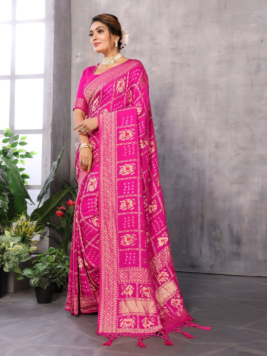 Rani Pink Bandhani Saree with Zari Patola Elephant & Parrot Motifs - CLOHI