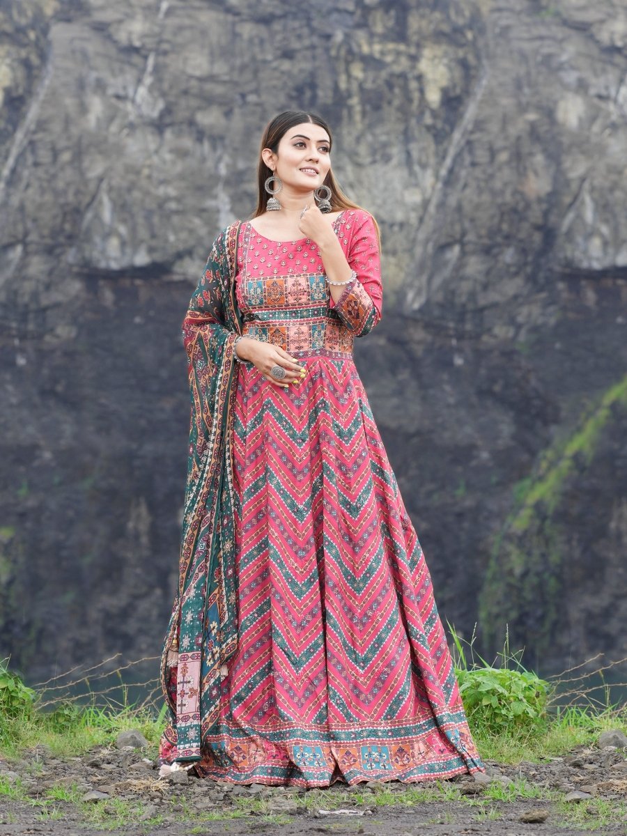 Red - Green Lahriya Patola Anarkali Gown Set - CLOHI