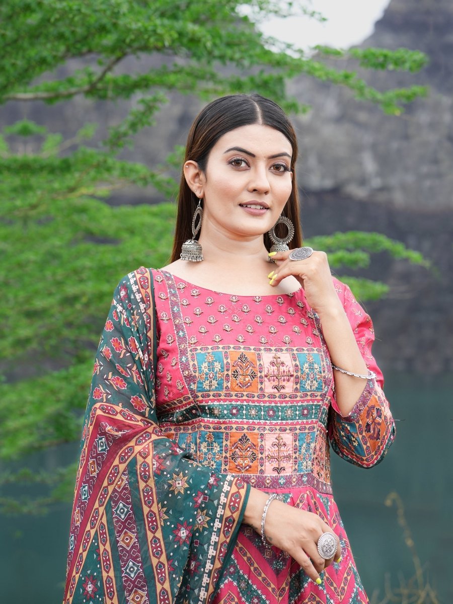 Red - Green Lahriya Patola Anarkali Gown Set - CLOHI