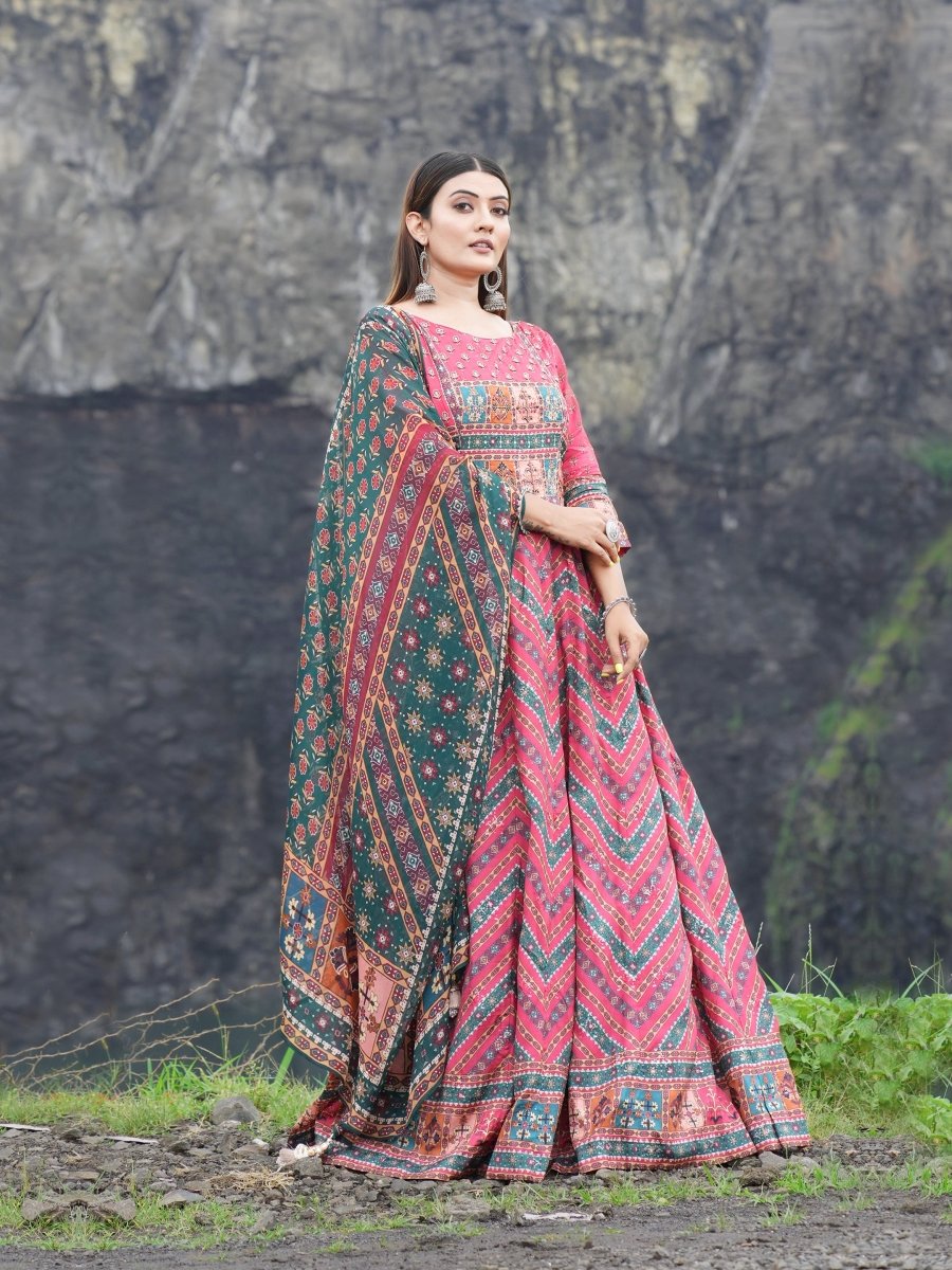 Red - Green Lahriya Patola Anarkali Gown Set - CLOHI