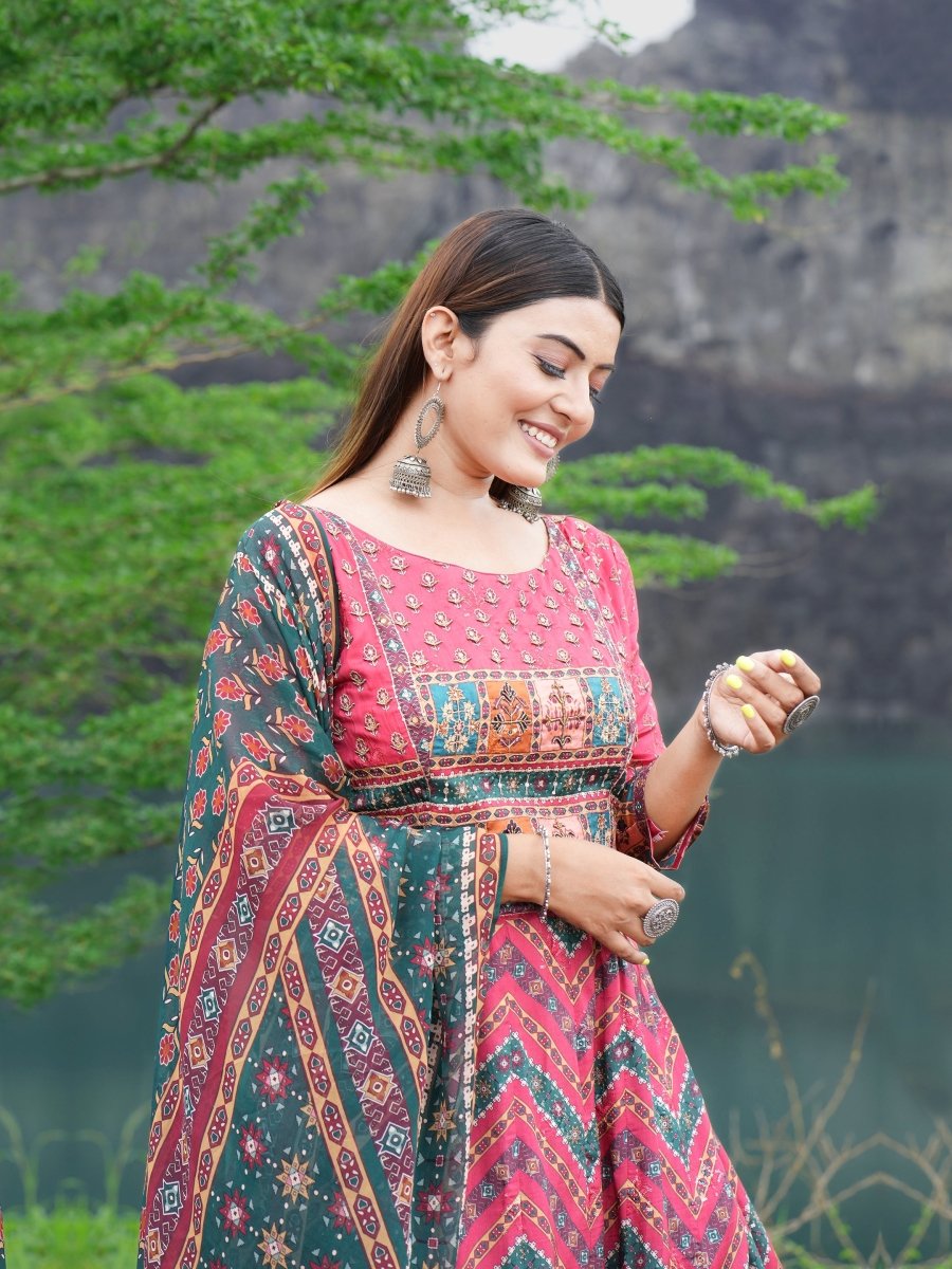 Red - Green Lahriya Patola Anarkali Gown Set - CLOHI