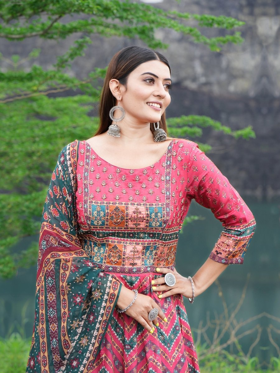 Red - Green Lahriya Patola Anarkali Gown Set - CLOHI