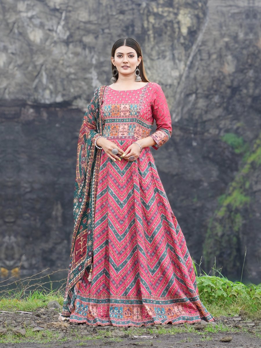 Red - Green Lahriya Patola Anarkali Gown Set - CLOHI